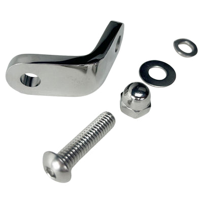 A TC Bros. Springer Headlight Mounting Bracket Chrome, along with a screw, a nut, a washer, and a chrome dome nut—all compatible with Moto Iron® Springers—are arranged on a white background.