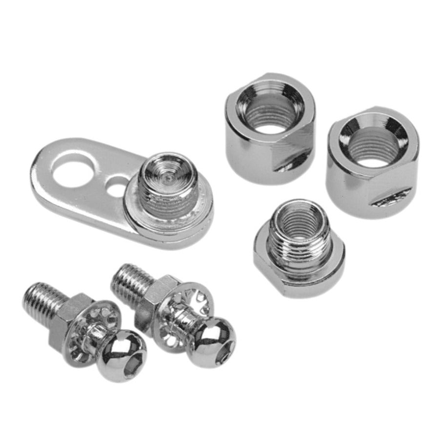 Assorted bicycle brake hardware: cable clamp, nuts, and bolts, Drag Specialties Turn Signal Swivel Kit For Dyna, Big Twin, Sportster and V-rod models- Chrome.
