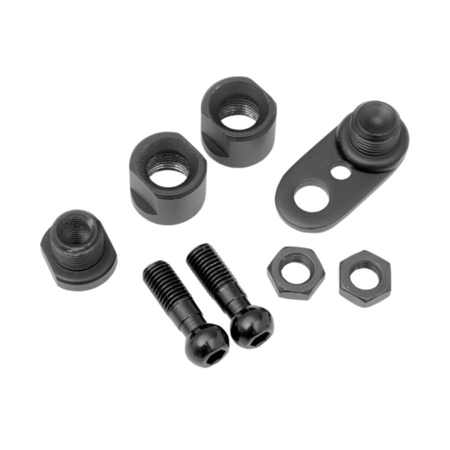 Assorted Drag Specialties black metal hardware including nuts, bolts, and washers on a white background, featuring CNC-machined steel.