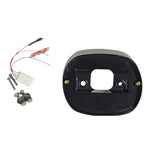 Custom Dynamics Taillight Baseplate - Black For '73-'98 XL '73-'98 Big Twin '91-'98 Dyna Models, with an open center and screw holes, accompanied by screws and electrical components with wires, designed as a plug-and-play taillight baseplate for Harley-Davidson models.