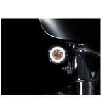 Four ProBEAM® Turn Signal Kits - BCM For '11'-17 Big Twin '18 - '23 M8 Softail '12-'17 FXD displayed in pairs: two red tail lights at the top and two black-rimmed LED headlights with amber LED turn signal conversion details at the bottom.