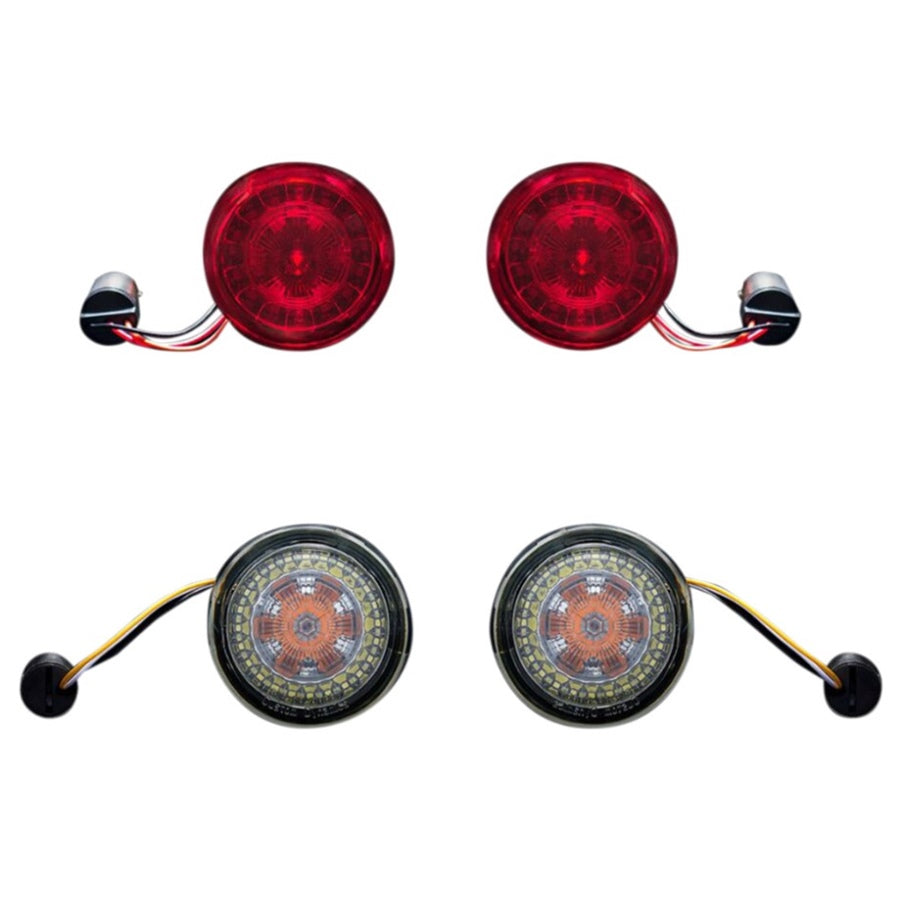 Four ProBEAM® Turn Signal Kits - BCM For '11'-17 Big Twin '18 - '23 M8 Softail '12-'17 FXD displayed in pairs: two red tail lights at the top and two black-rimmed LED headlights with amber LED turn signal conversion details at the bottom.