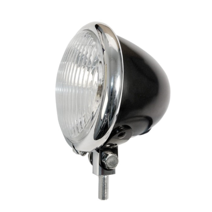 Vintage-style Emgo 4 1/2" Motorcycle Spotlamp - Black/Chrome isolated on a white background.