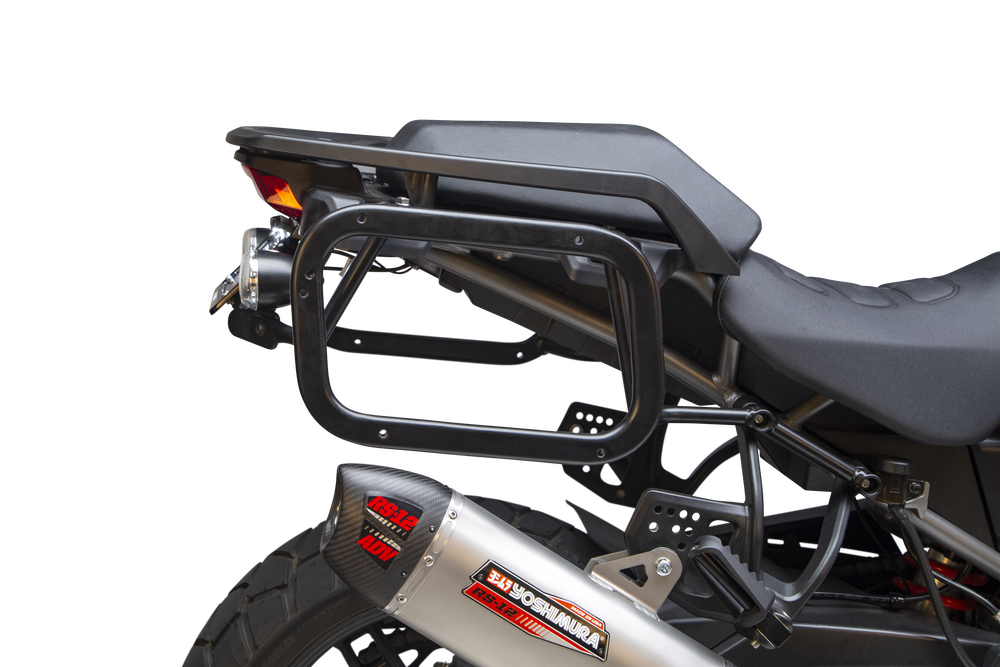 Close-up of a Harley-Davidson Pan America equipped with a Yoshimura Fender Eliminator Kit, featuring the taillight, license plate holder with “Yoshimura” branding, and dual round signal lights.