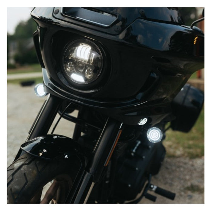 Two Genesis® 4 Amber/White LED Turn Signal Inserts, from Custom Dynamics, each with a wire harness attached, are ideal as plug-and-play front turn signals for your Harley XL, FX, and FL models.