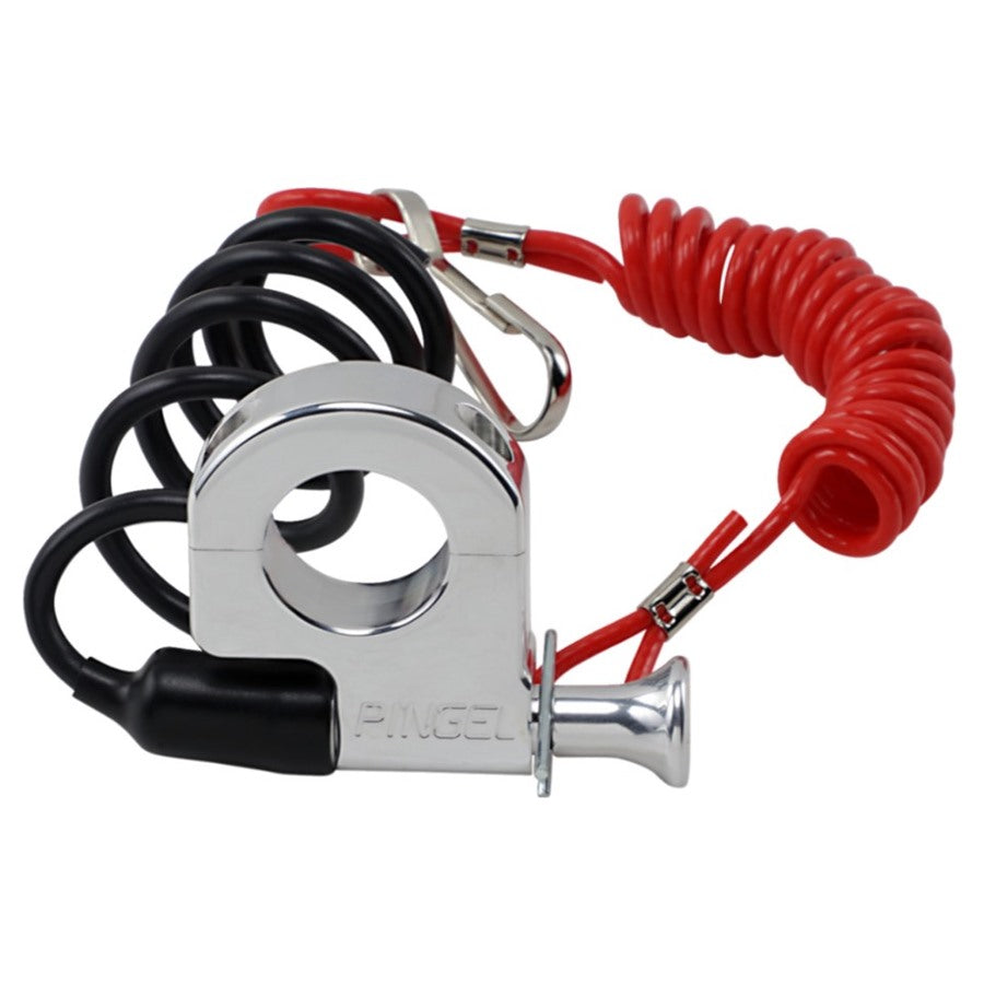 Introducing the Pingel Kill Switch - a silver 1" handlebar mount for Hooligan Class Sportsters, featuring a coiled red security cable and attached black wires.