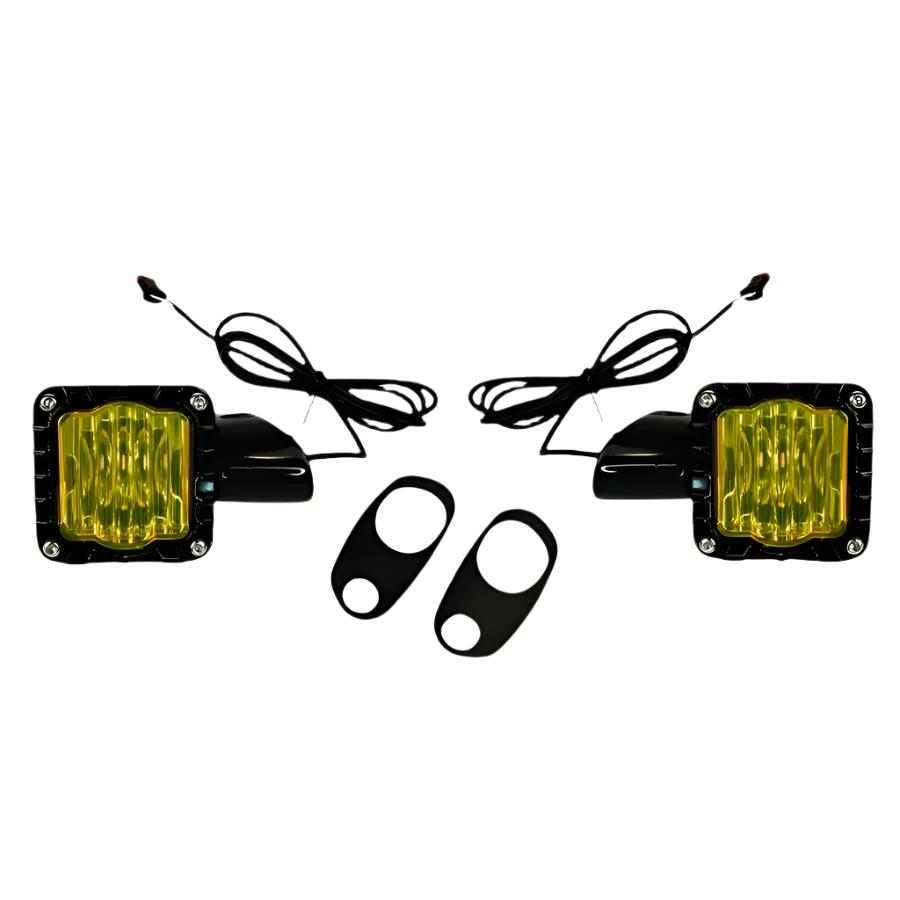 A pair of Custom Dynamics Shark Demon LED Turn Signals with black housing and yellow lenses, designed specifically for Harley &