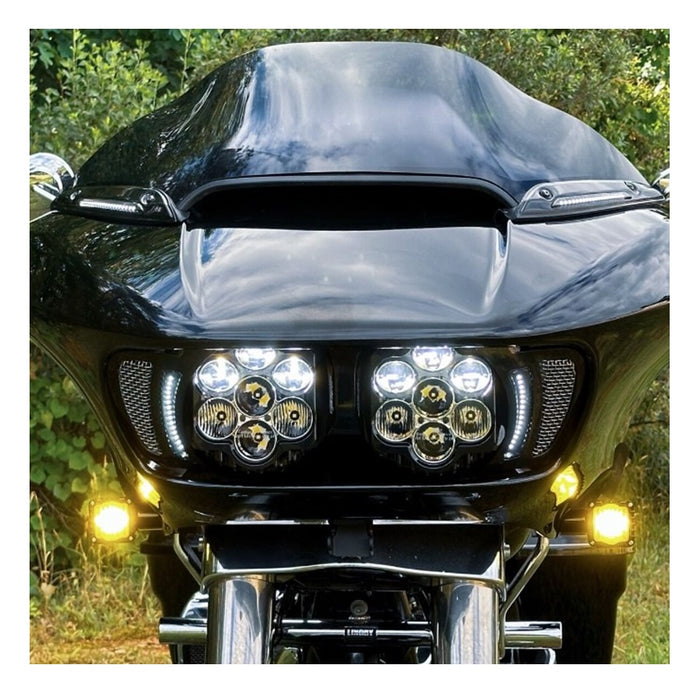 A pair of Custom Dynamics Shark Demon LED Turn Signals with black housing and yellow lenses, designed specifically for Harley &