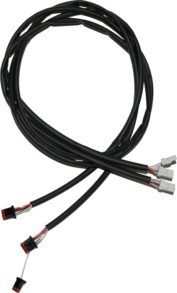 The Namz Complete Handlebar Switch Extension Kit by Namz features two black cables with multi-colored wires and white/black connectors, designed for 2014-up Harley-Davidson Touring models and compatible with CAN bus systems.