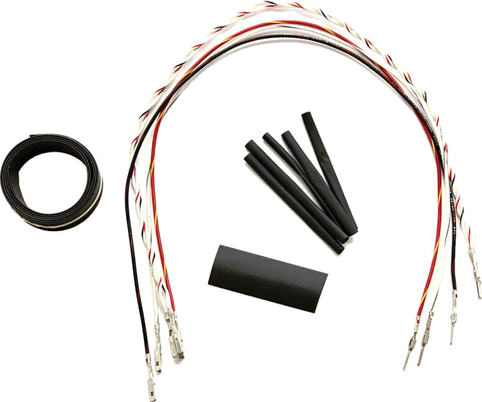 Namz Speedometer/Indicator Light Extension Harness for 2014-2022 Harley-Davidson Sportster, including a roll of electrical tape and several pieces of heat shrink tubing.
