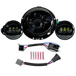 Collage of Moto Iron® 7" LED Headlight Conversion Inserts in various styles, with wiring harnesses and connectors, ideal for Harley-Davidson, all displayed on a white background.