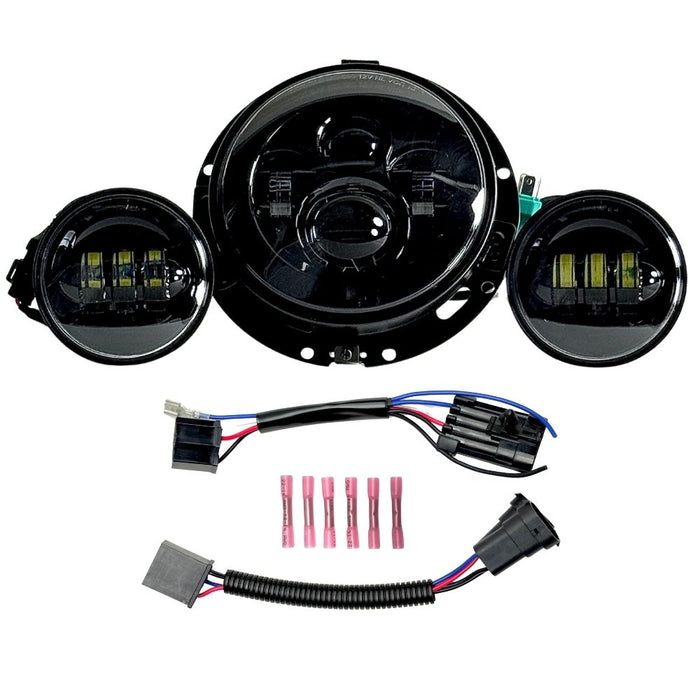 Collage of Moto Iron® 7" LED Headlight Conversion Inserts in various styles, with wiring harnesses and connectors, ideal for Harley-Davidson, all displayed on a white background.