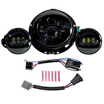 Collage of Moto Iron® 7" LED Headlight Conversion Inserts in various styles, with wiring harnesses and connectors, ideal for Harley-Davidson, all displayed on a white background.