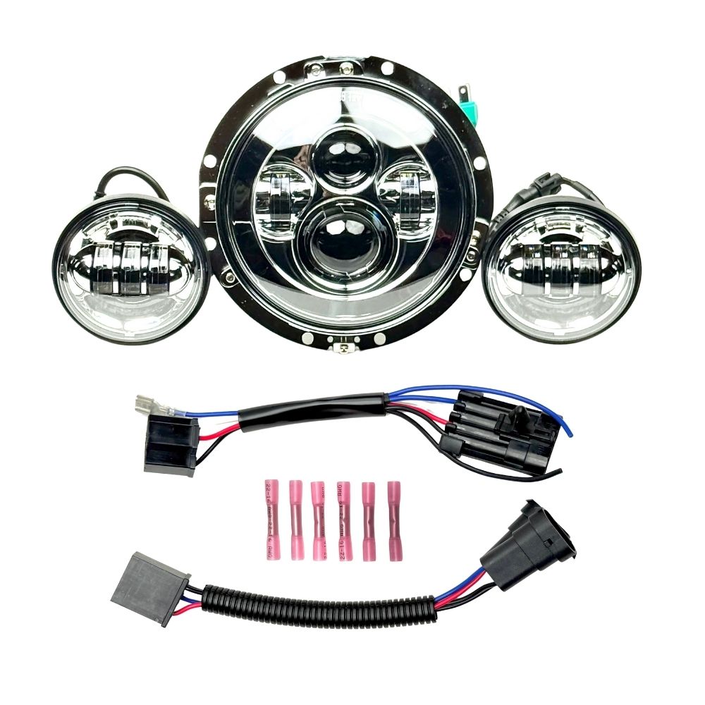 Collage of Moto Iron® 7" LED Headlight Conversion Inserts in various styles, with wiring harnesses and connectors, ideal for Harley-Davidson, all displayed on a white background.