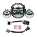 Collage of Moto Iron® 7" LED Headlight Conversion Inserts in various styles, with wiring harnesses and connectors, ideal for Harley-Davidson, all displayed on a white background.