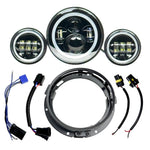 Collage of Moto Iron® 7" LED Headlight Conversion Inserts in various styles, with wiring harnesses and connectors, ideal for Harley-Davidson, all displayed on a white background.