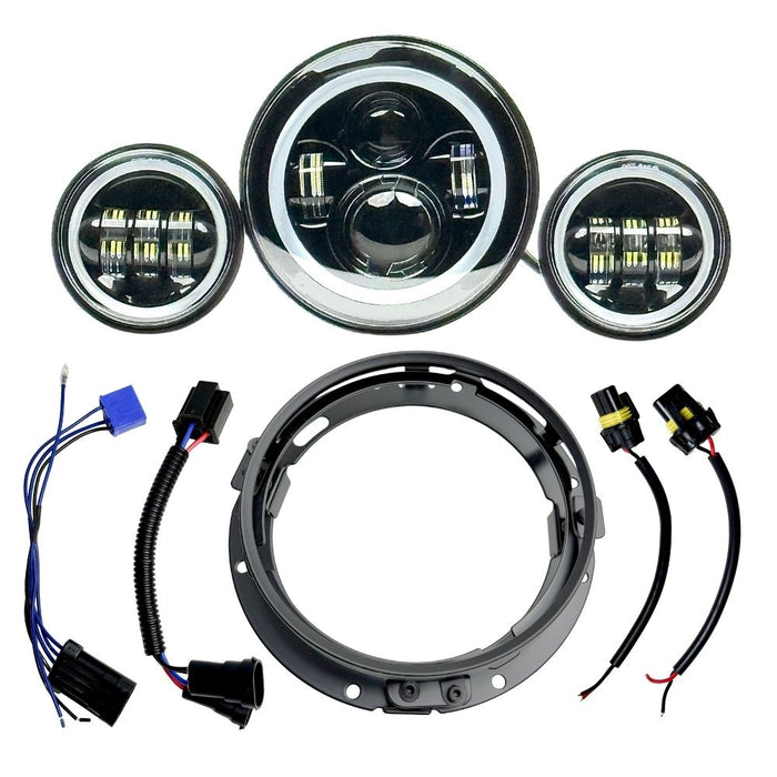 Collage of Moto Iron® 7" LED Headlight Conversion Inserts in various styles, with wiring harnesses and connectors, ideal for Harley-Davidson, all displayed on a white background.