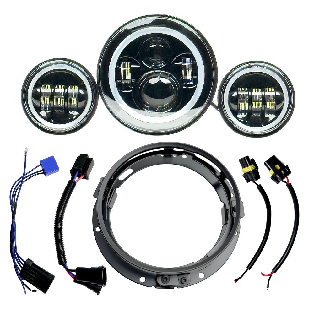 Collage of Moto Iron® 7" LED Headlight Conversion Inserts in various styles, with wiring harnesses and connectors, ideal for Harley-Davidson, all displayed on a white background.