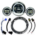Collage of Moto Iron® 7" LED Headlight Conversion Inserts in various styles, with wiring harnesses and connectors, ideal for Harley-Davidson, all displayed on a white background.