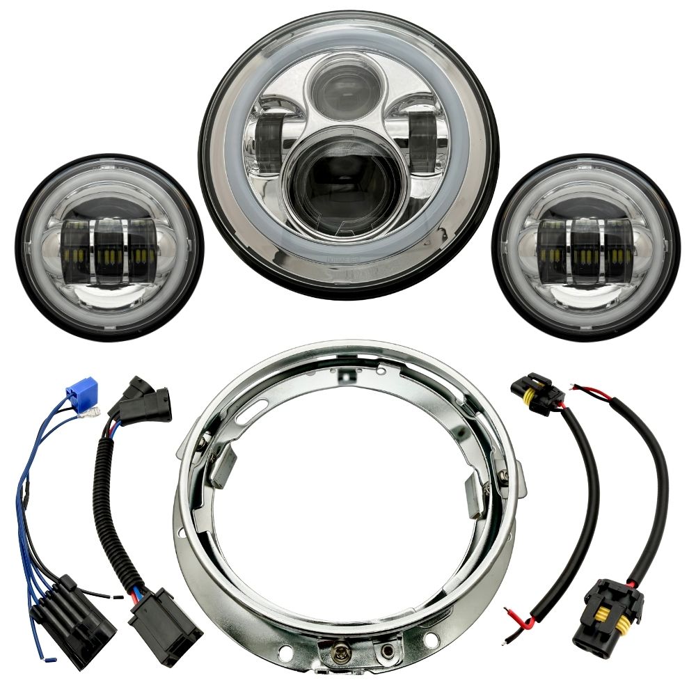 Collage of Moto Iron® 7" LED Headlight Conversion Inserts in various styles, with wiring harnesses and connectors, ideal for Harley-Davidson, all displayed on a white background.
