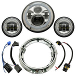 Collage of Moto Iron® 7" LED Headlight Conversion Inserts in various styles, with wiring harnesses and connectors, ideal for Harley-Davidson, all displayed on a white background.