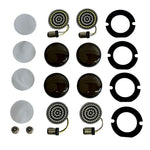 A Moto Iron® LED Turn Signal Conversion Kit for 2000-2024 Harley-Davidson bikes, featuring round modules, black and white covers, adapters, and mounting plates—neatly arranged in rows on a white background.