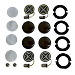 A Moto Iron® LED Turn Signal Conversion Kit for 2000-2024 Harley-Davidson bikes, featuring round modules, black and white covers, adapters, and mounting plates—neatly arranged in rows on a white background.