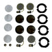 A Moto Iron® LED Turn Signal Conversion Kit for 2000-2024 Harley-Davidson bikes, featuring round modules, black and white covers, adapters, and mounting plates—neatly arranged in rows on a white background.