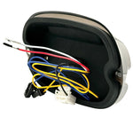 The Moto Iron® LED Laydown Squareback Light for 1973-1998 Harley-Davidson offers a circular pattern, shown unlit and illuminated in red, yellow, and white, with integrated turn signals for enhanced visibility.