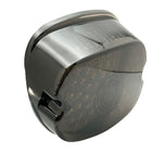 A close-up of the Moto Iron® LED Laydown Squareback Light for 1973-2024 Harley-Davidson, showcasing its dark, rounded design with a smoked lens and integrated turn signals.