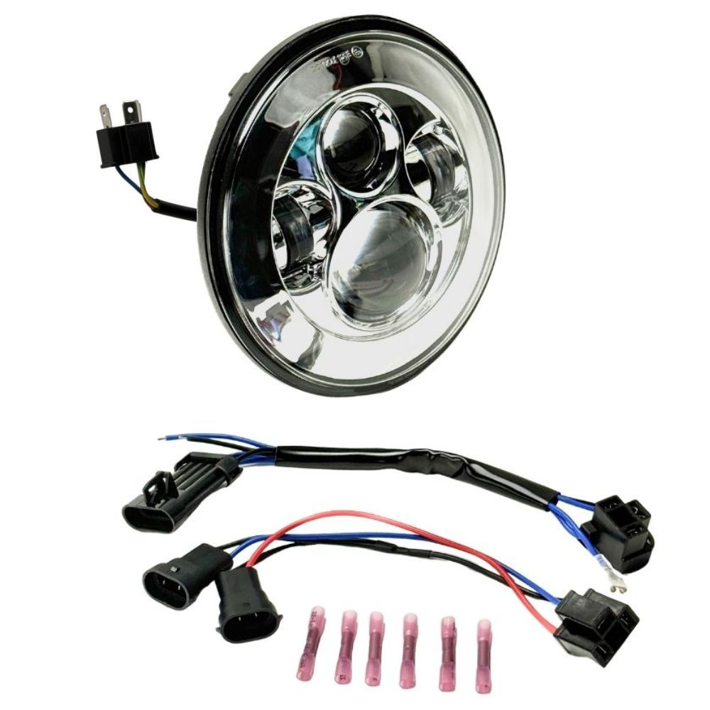 Collage of Moto Iron® 7" LED Headlight Conversion Inserts in various styles, with wiring harnesses and connectors, ideal for Harley-Davidson, all displayed on a white background.