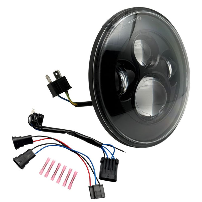 Collage of Moto Iron® 7" LED Headlight Conversion Inserts in various styles, with wiring harnesses and connectors, ideal for Harley-Davidson, all displayed on a white background.