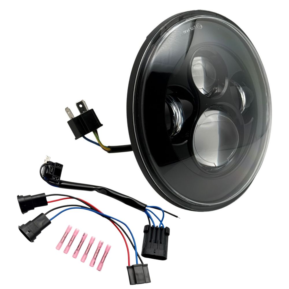 Collage of Moto Iron® 7" LED Headlight Conversion Inserts in various styles, with wiring harnesses and connectors, ideal for Harley-Davidson, all displayed on a white background.