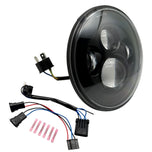 Collage of Moto Iron® 7" LED Headlight Conversion Inserts in various styles, with wiring harnesses and connectors, ideal for Harley-Davidson, all displayed on a white background.