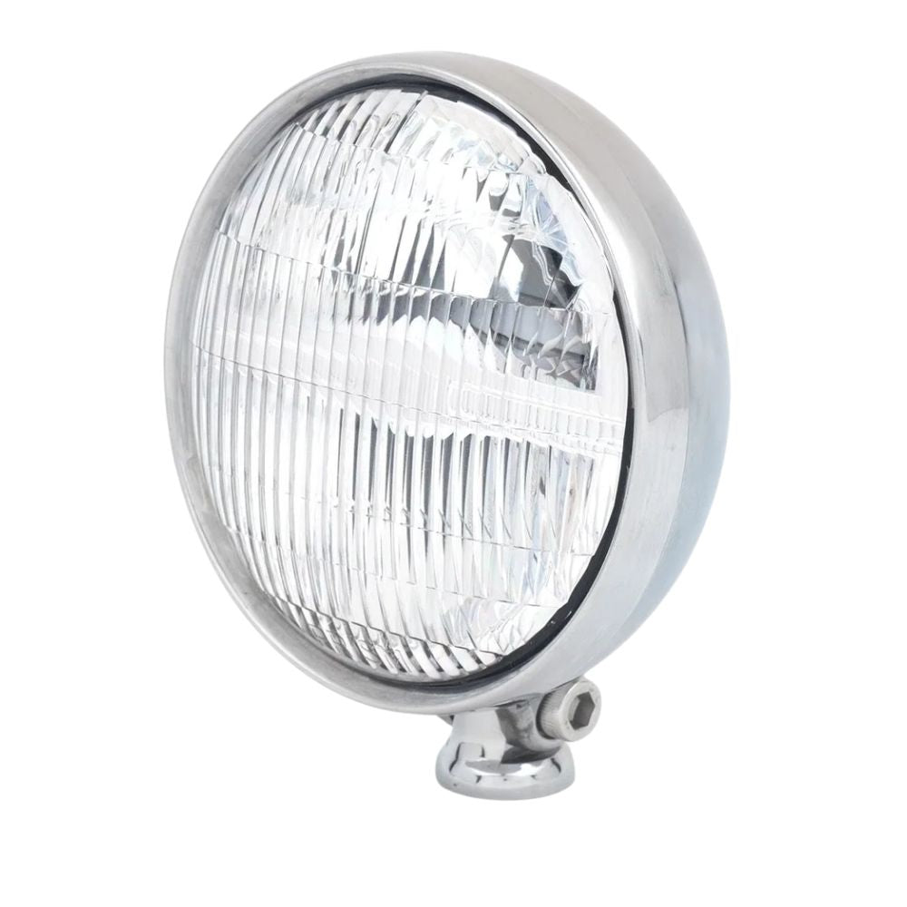 The Prism Supply 4-1/2" Round LED Headlight by Prism Supply features a chrome-plated, weather-resistant housing and a clear ribbed glass lens, shown here on a white background.