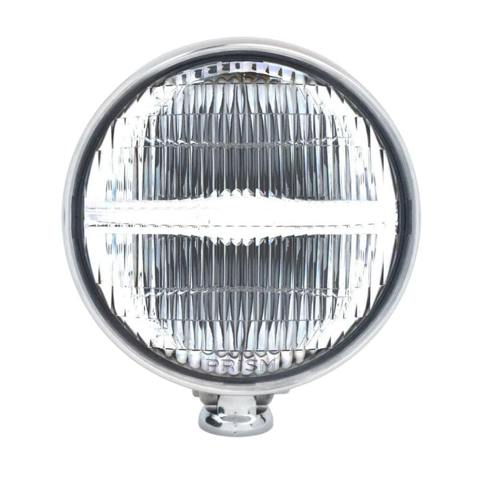 The Prism Supply 4-1/2" Round LED Headlight by Prism Supply features a chrome-plated, weather-resistant housing and a clear ribbed glass lens, shown here on a white background.