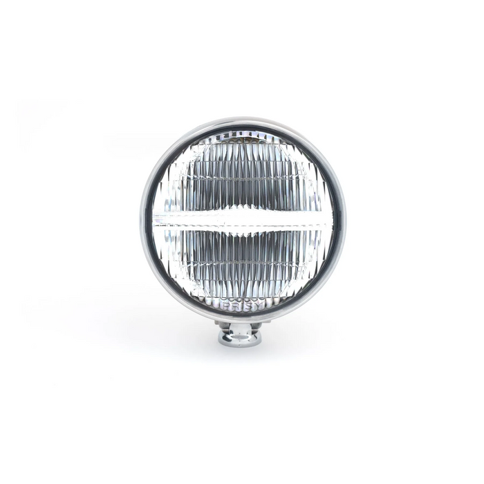 The Prism Supply 4-1/2" Round LED Headlight by Prism Supply features a chrome-plated, weather-resistant housing and a clear ribbed glass lens, shown here on a white background.