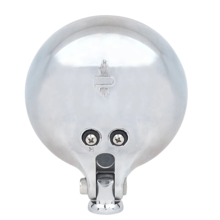 The Prism Supply 4-1/2" Round LED Headlight by Prism Supply features a chrome-plated, weather-resistant housing and a clear ribbed glass lens, shown here on a white background.