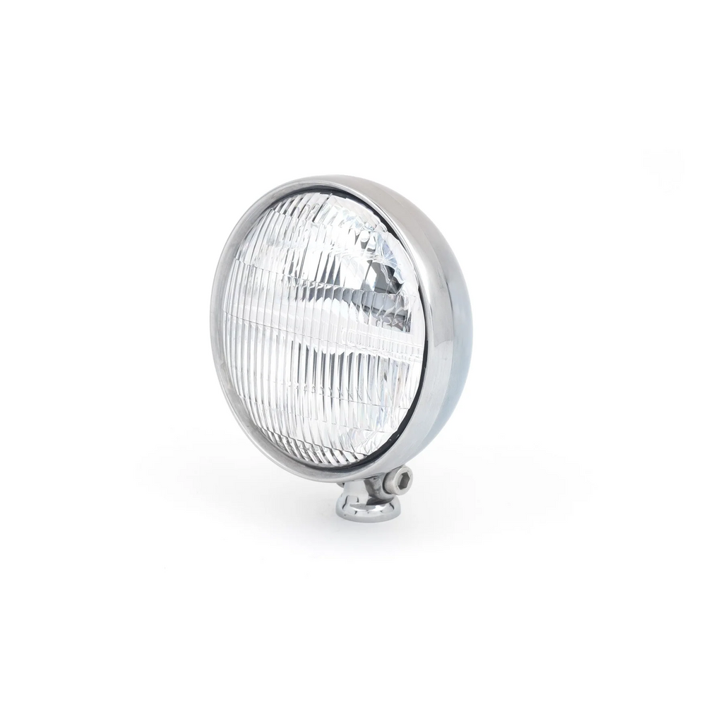 The Prism Supply 4-1/2" Round LED Headlight by Prism Supply features a chrome-plated, weather-resistant housing and a clear ribbed glass lens, shown here on a white background.