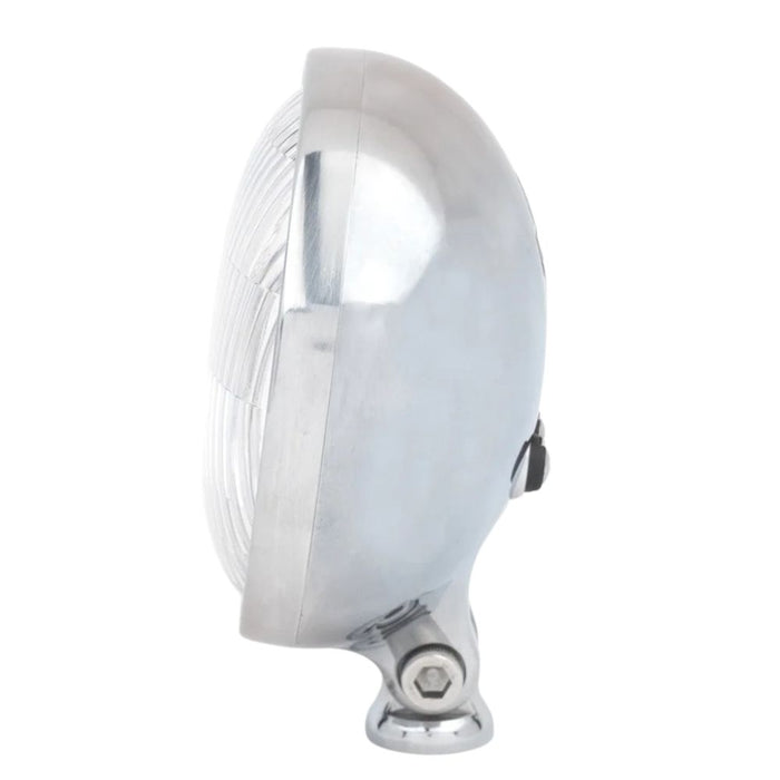 The Prism Supply 4-1/2" Round LED Headlight by Prism Supply features a chrome-plated, weather-resistant housing and a clear ribbed glass lens, shown here on a white background.