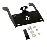 TC Bros. License Plate Relocation Bracket for 2022-Up Harley-Davidson Nightster RH975, with logo, includes screws, washers, nuts, bolt, and a black rectangular piece—all neatly arranged on a white background.