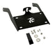 TC Bros. License Plate Relocation Bracket for 2022-Up Harley-Davidson Nightster RH975, with logo, includes screws, washers, nuts, bolt, and a black rectangular piece—all neatly arranged on a white background.