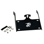 TC Bros. License Plate Relocation Bracket for 2022-Up Harley-Davidson Nightster RH975, with logo, includes screws, washers, nuts, bolt, and a black rectangular piece—all neatly arranged on a white background.