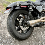 TC Bros. License Plate Relocation Bracket for 2022-Up Harley-Davidson Nightster RH975, with logo, includes screws, washers, nuts, bolt, and a black rectangular piece—all neatly arranged on a white background.