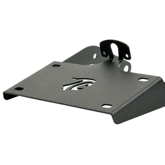 TC Bros. License Plate Relocation Bracket for 2022-Up Harley-Davidson Nightster RH975, with logo, includes screws, washers, nuts, bolt, and a black rectangular piece—all neatly arranged on a white background.