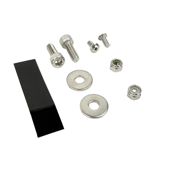 TC Bros. License Plate Relocation Bracket for 2022-Up Harley-Davidson Nightster RH975, with logo, includes screws, washers, nuts, bolt, and a black rectangular piece—all neatly arranged on a white background.
