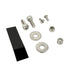 TC Bros. License Plate Relocation Bracket for 2022-Up Harley-Davidson Nightster RH975, with logo, includes screws, washers, nuts, bolt, and a black rectangular piece—all neatly arranged on a white background.