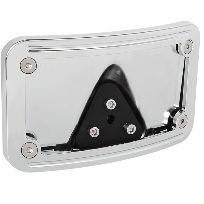 A Moto Iron® Curved Laydown License Plate Mount with frame for 1973-up Harley-Davidson, featuring a black metal triangular bracket and eight screws, displayed on a white background.