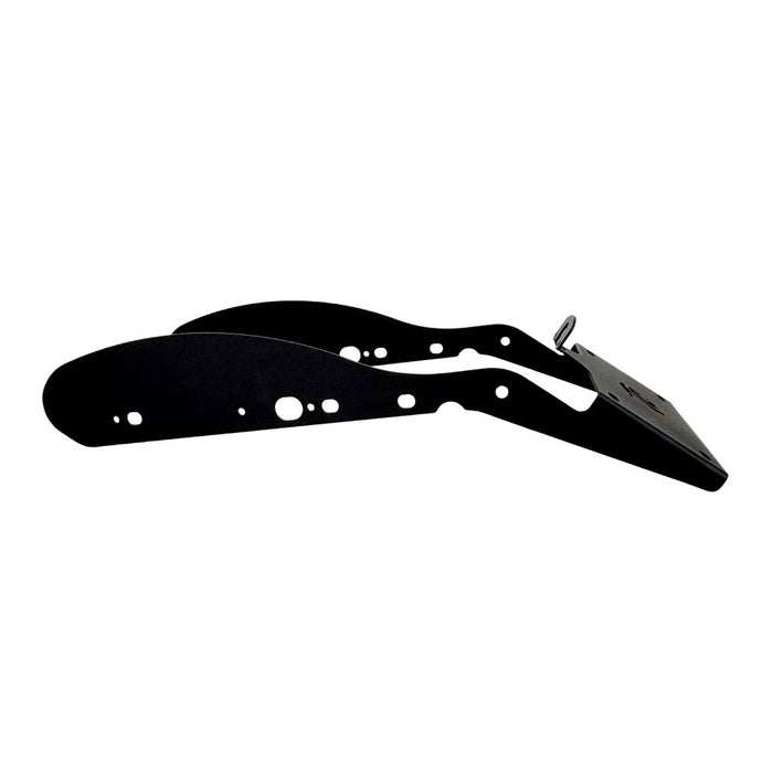 Black metal TC Bros. License Plate Relocation Bracket for 2010-2022 Harley-Davidson Sportster with mounting hardware for saddlebag installation.