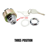 Three Moto Iron® metal ignition switches, including the Moto Iron Universal Ignition Switch, are arranged diagonally on a white background. Each switch displays exposed terminals and comes with attached keys.